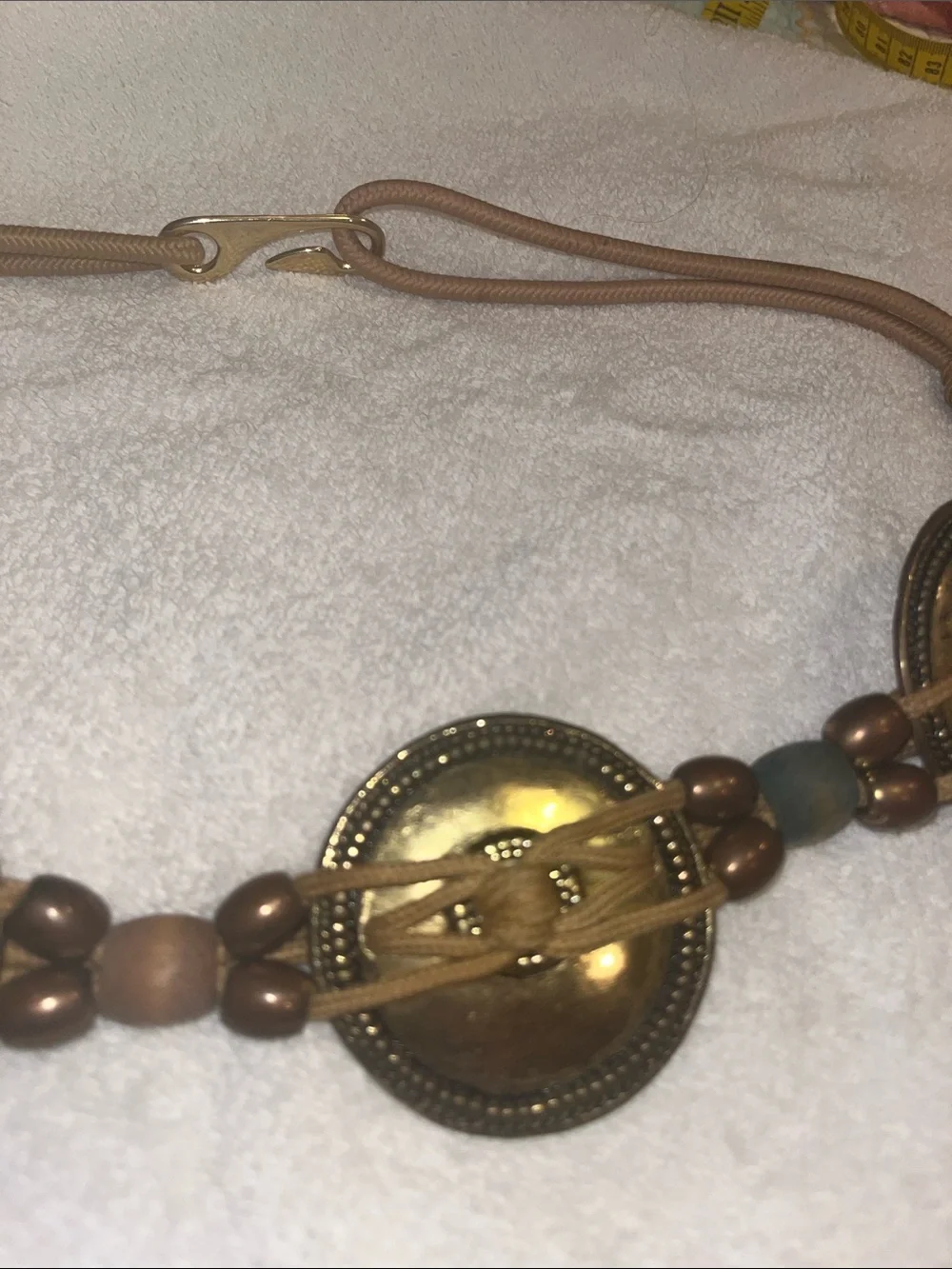 MIT Braided Tan Cord Waist Belt with Gold-Tone Coin Accents Wood Beads
